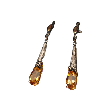 Antique-Inspired Citrine Drop Earrings with Textured Silver Detail