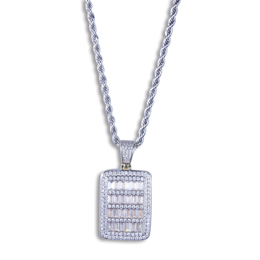 Military Tag CZ Diamond Plaque Pendant Necklace