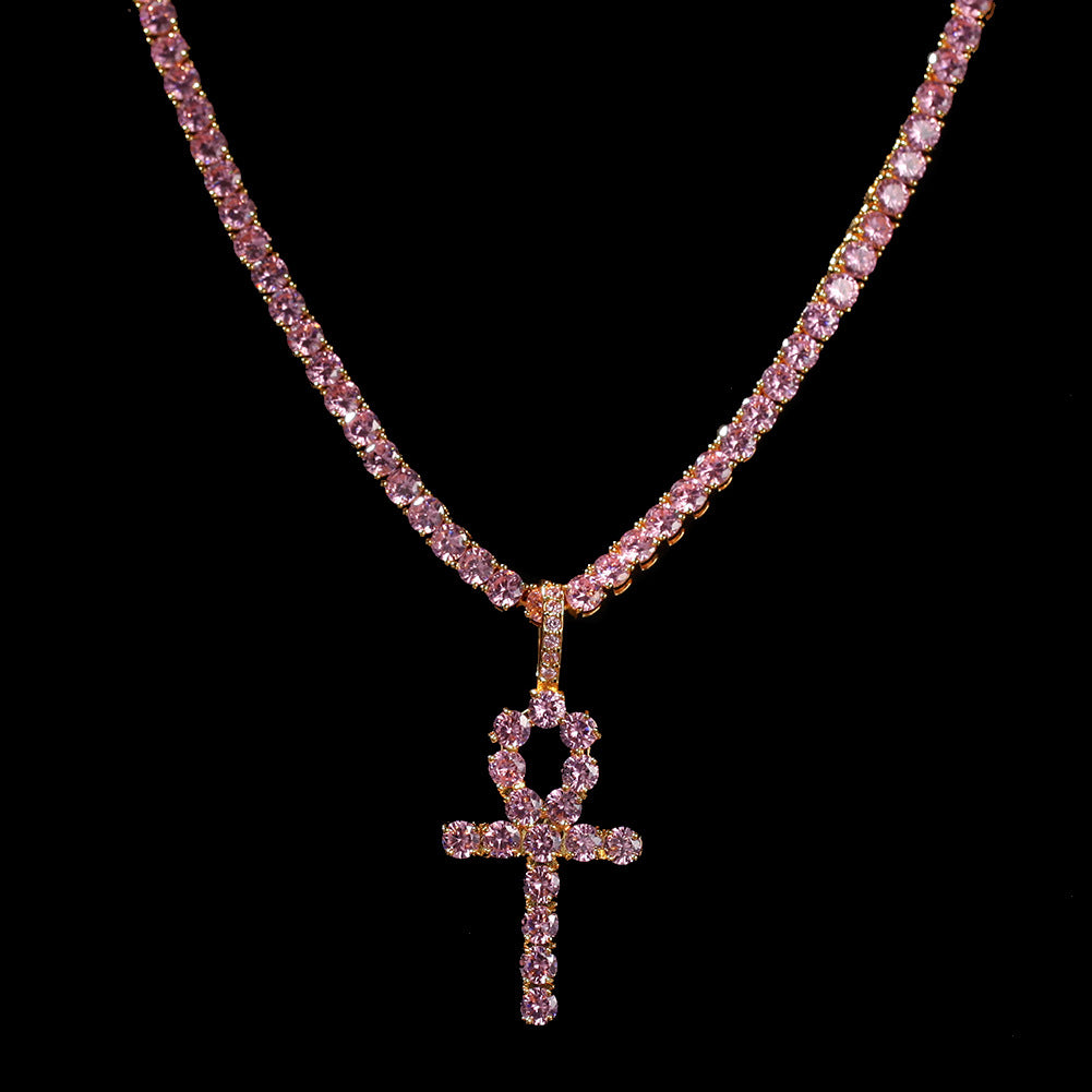 Grapefruit Pink CZ Diamond Egyptian Ankh Necklace