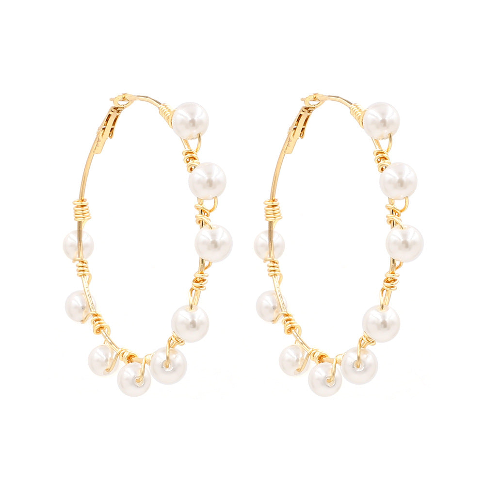 Dotted Pearl Exaggerated Wire Hoop Earrings