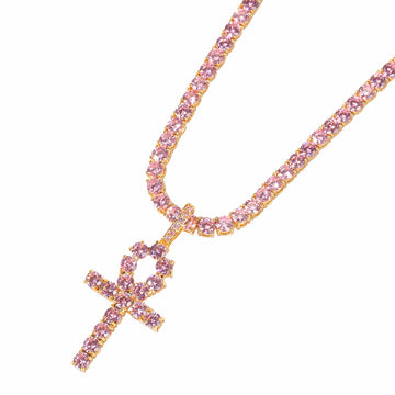 Grapefruit Pink CZ Diamond Egyptian Ankh Necklace