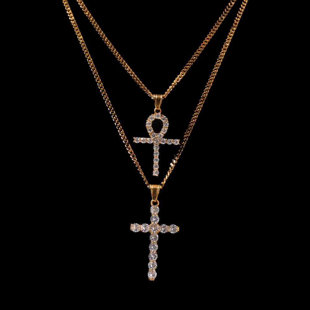 Embellished Ankh & Crucifix Double Necklace