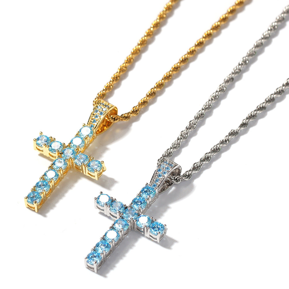 Aquamarine CZ Diamond Crucifix Cross Necklace