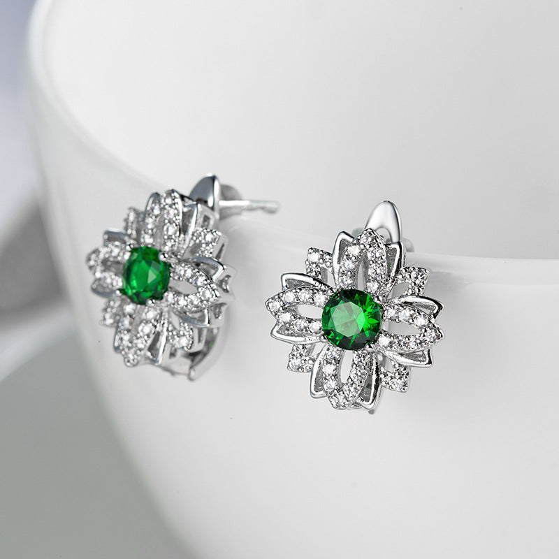 Platinum Tone Emerald Blossom Earrings