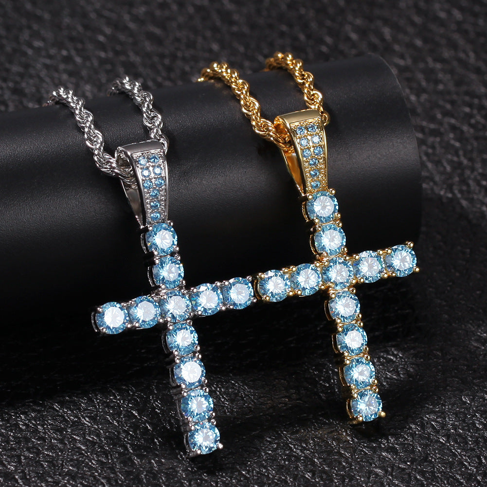 Aquamarine CZ Diamond Crucifix Cross Necklace