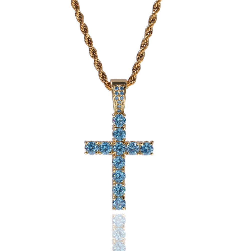 Aquamarine CZ Diamond Crucifix Cross Necklace