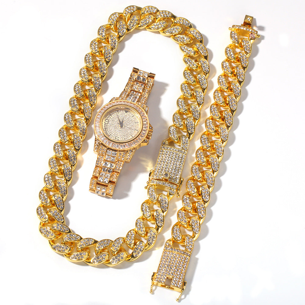 Hip Hop 3 Piece Set w/ Cuban Chain Necklace Bracelet & Wrist Watch