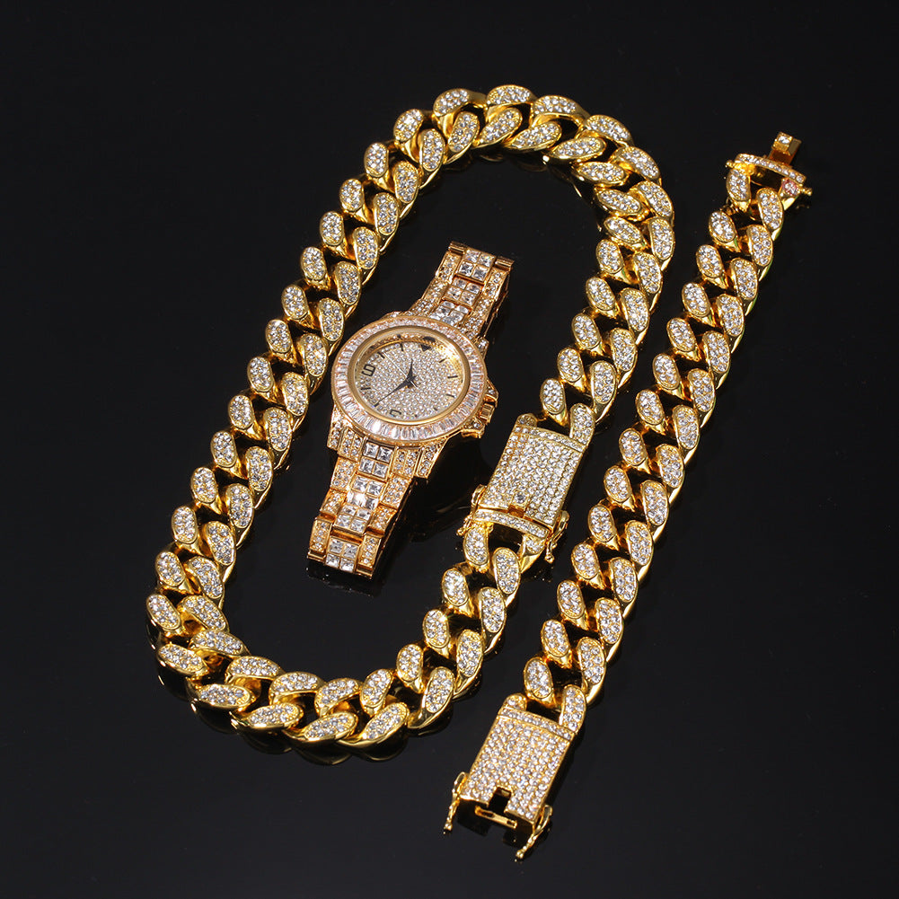 Hip Hop 3 Piece Set w/ Cuban Chain Necklace Bracelet & Wrist Watch