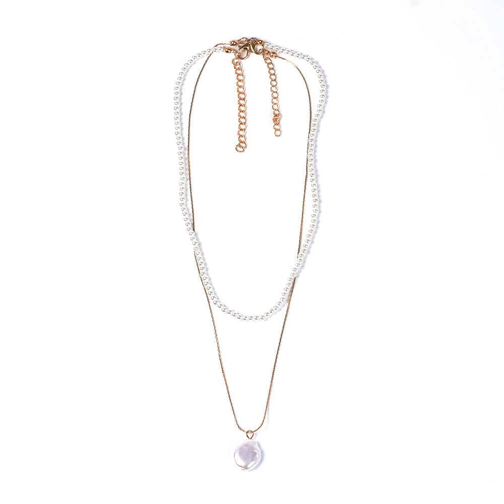 Dual Layered Pearl Necklace w/ Mother of Pearl Pendant