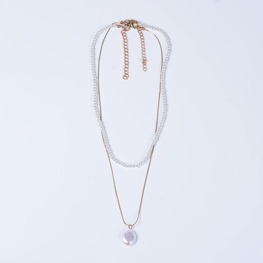 Dual Layered Pearl Necklace w/ Mother of Pearl Pendant