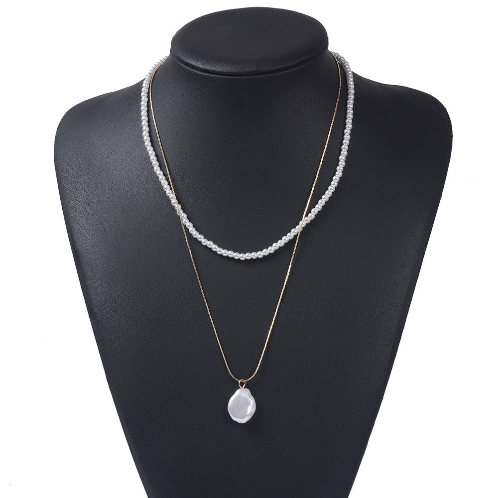 Dual Layered Pearl Necklace w/ Mother of Pearl Pendant