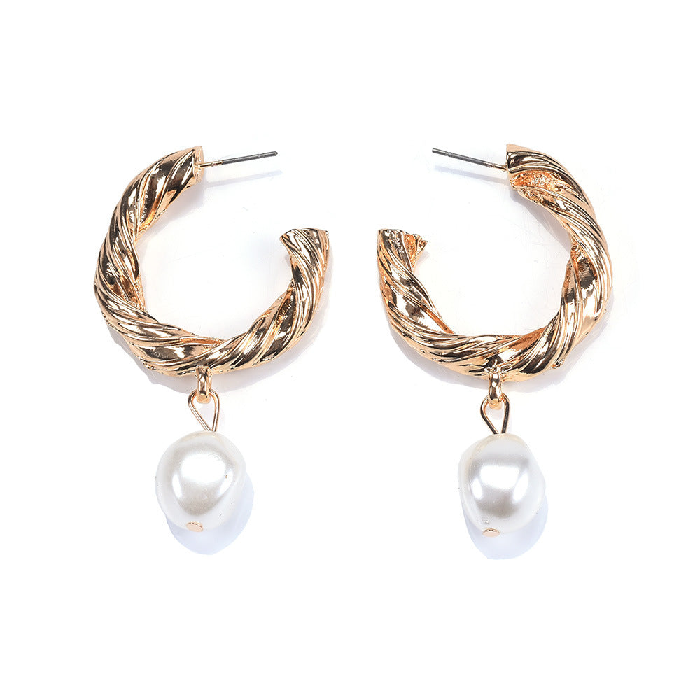 Gold C Earrings w/ Pearl Dangles