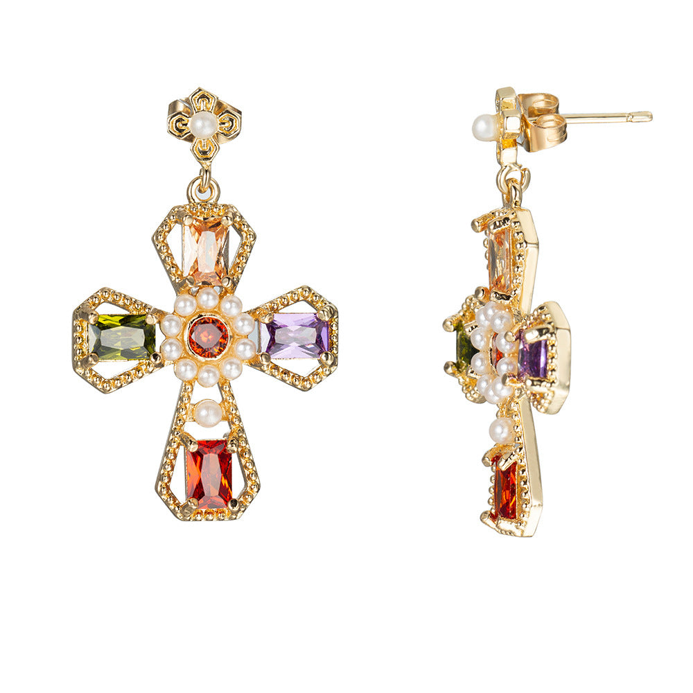 Gold Toned CZ Diamond Miracle Cross Earrings