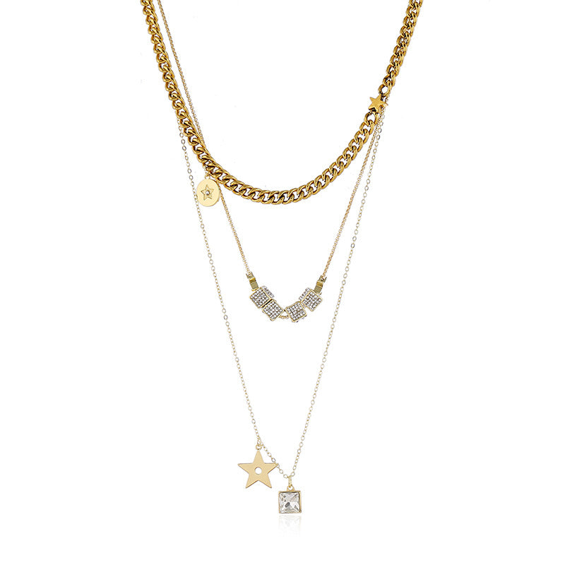 Gold Tone Cubic Star Multi-Chain Necklace