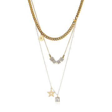 Gold Tone Cubic Star Multi-Chain Necklace