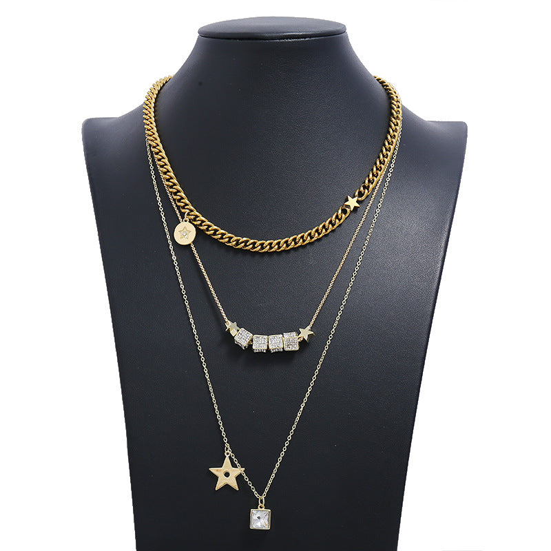 Gold Tone Cubic Star Multi-Chain Necklace