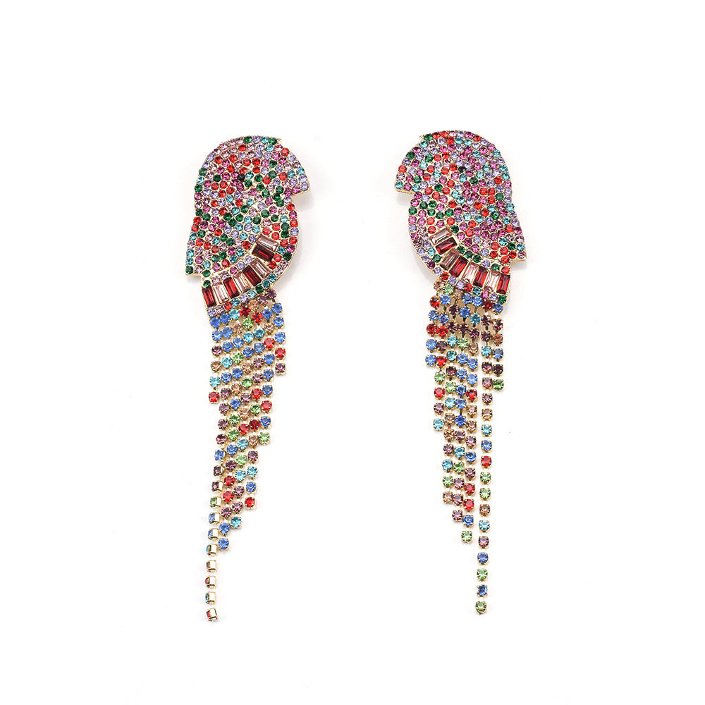 Multi-Colored Parrot Bird Rhinestone Tassel Earrings