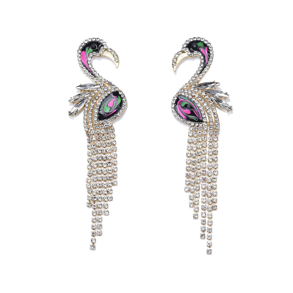 Rhinestone Flamingo Bird Tasselled Earrings 