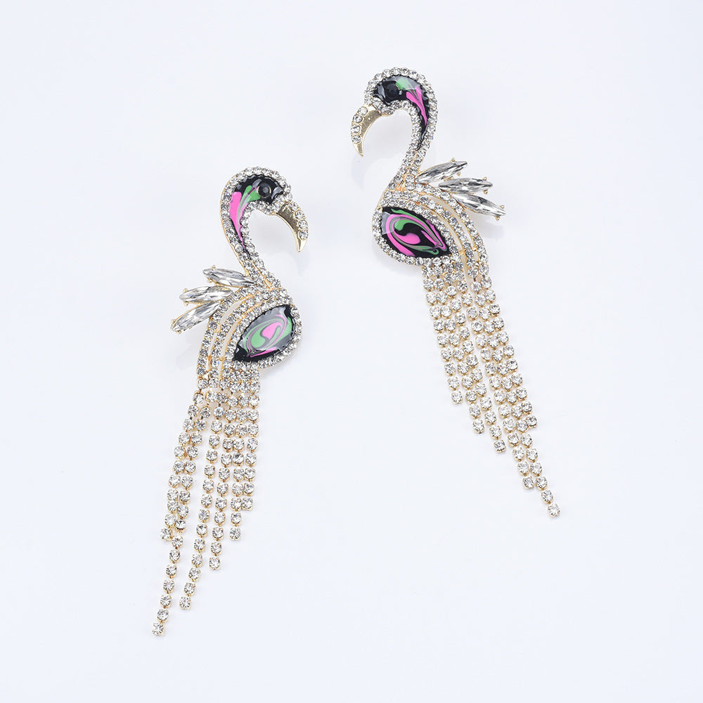 Rhinestone Flamingo Bird Tasselled Earrings 