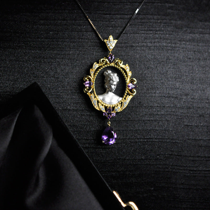 Versailles Elegant Golden Cameo Pendant Necklace with Diamond Accents