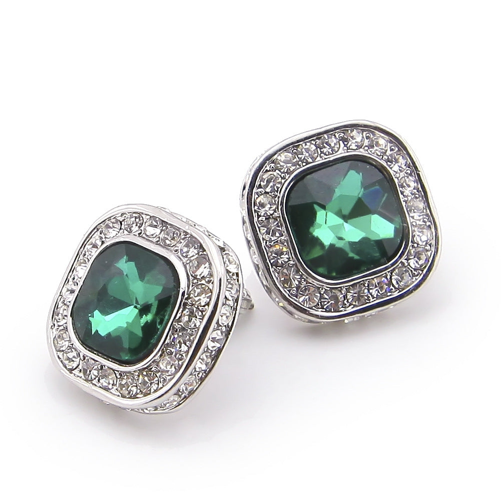 Cushioned Moss Green & Ice Blue CZ Stud Earrings