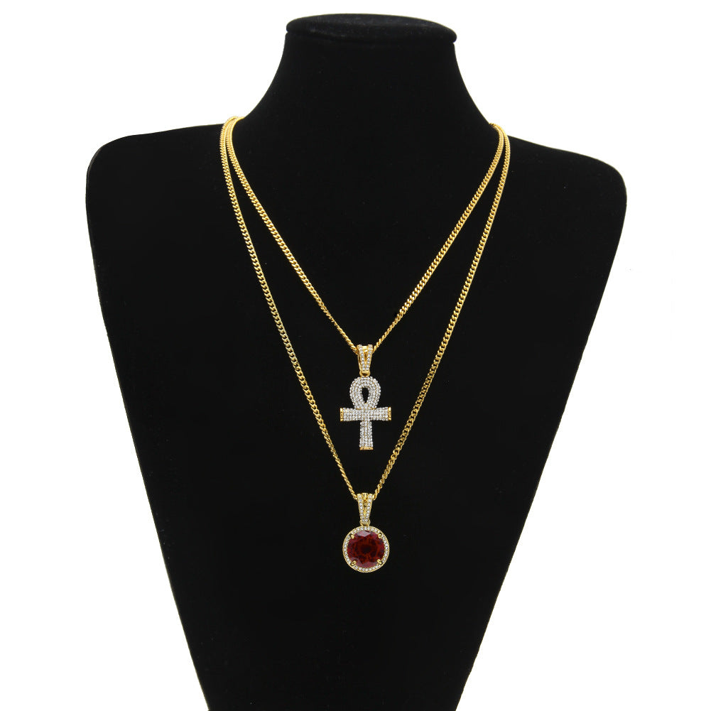 Egyptian Hieroglyphic Ankh w/ Exaggerated CZ Diamond Necklace