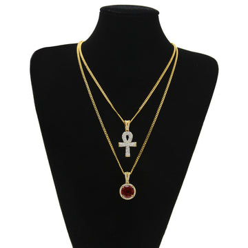 Egyptian Hieroglyphic Ankh w/ Exaggerated CZ Diamond Necklace