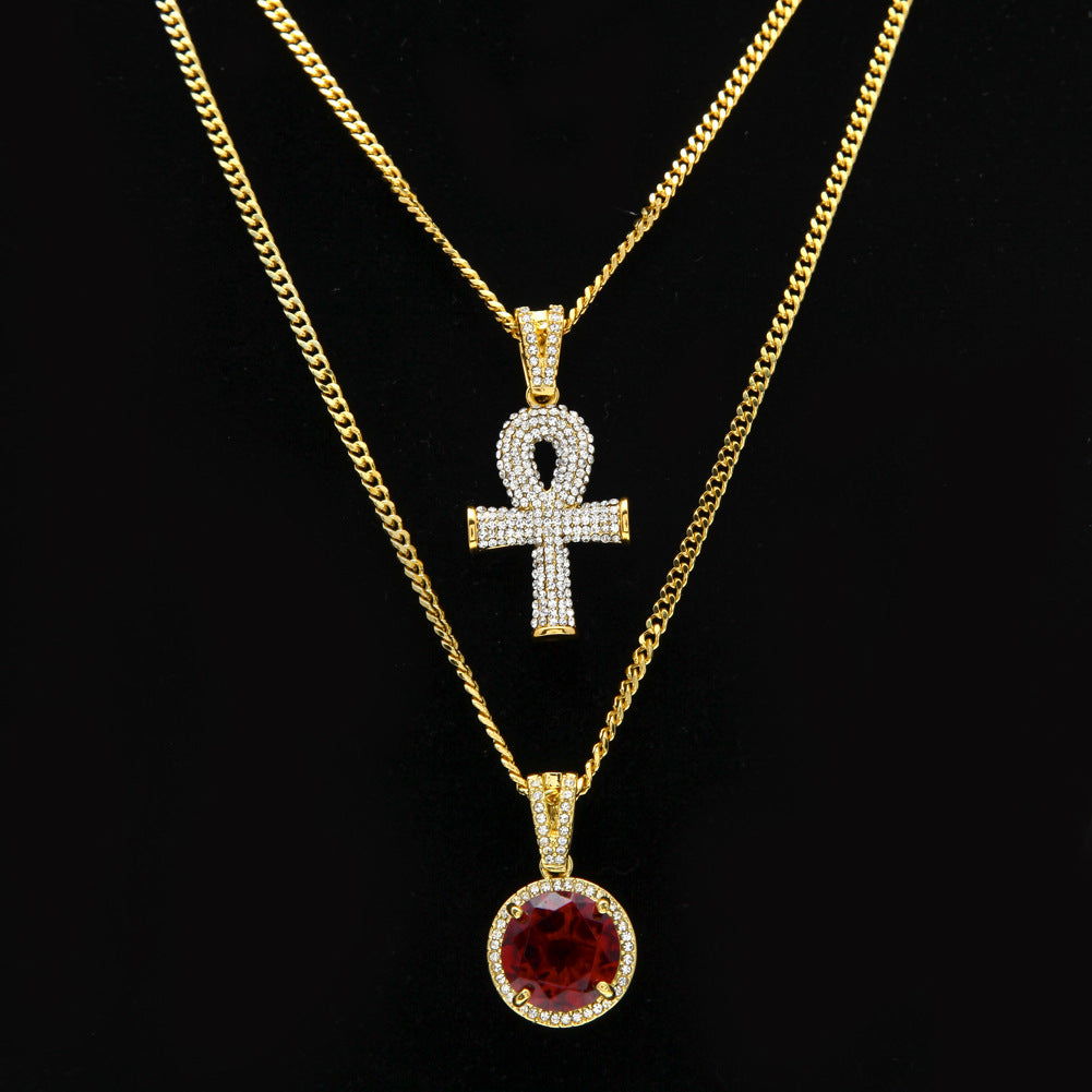 Egyptian Hieroglyphic Ankh w/ Exaggerated CZ Diamond Necklace