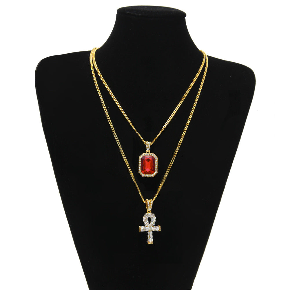 Mini Sparkling Ankh & CZ Diamond Pendant Double Necklace