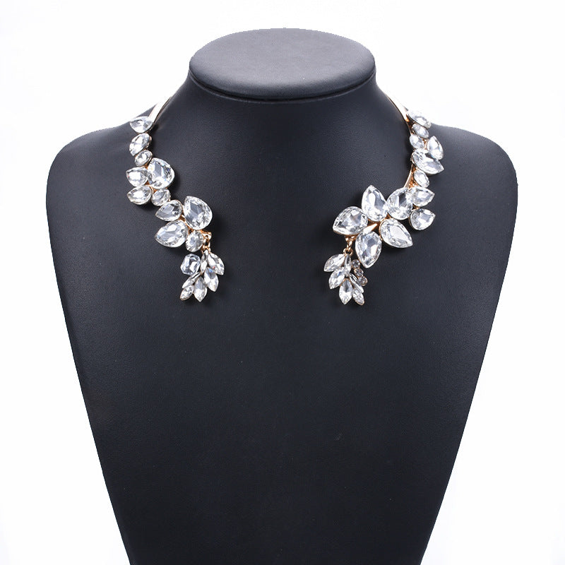 Symmetrical Glass Crystal Leaves Cuff Choker Necklace