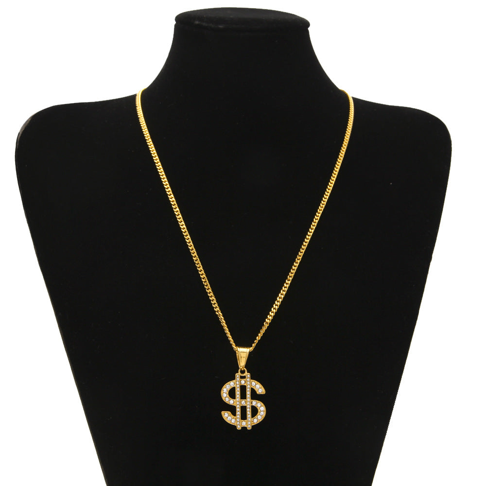 CZ Diamond Paved Dollar $ Sign Hip Hop Necklace