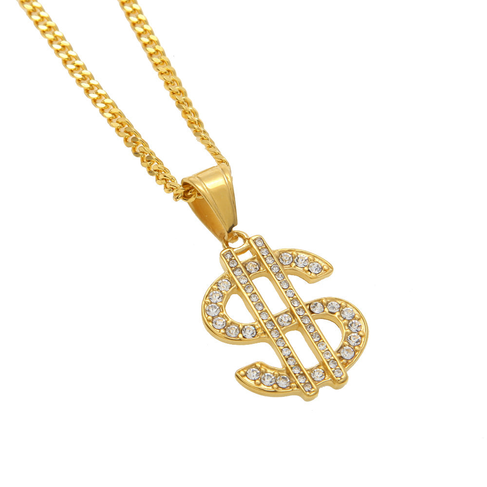 CZ Diamond Paved Dollar $ Sign Hip Hop Necklace