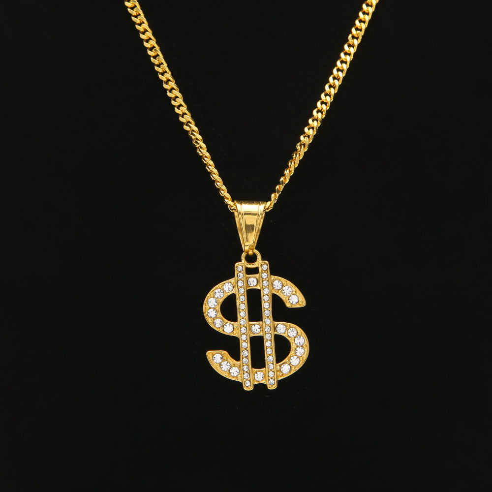 CZ Diamond Paved Dollar $ Sign Hip Hop Necklace