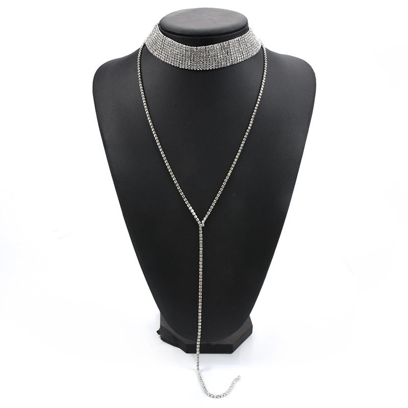 Woman's Rhinestone V-Tassel Choker Necklace