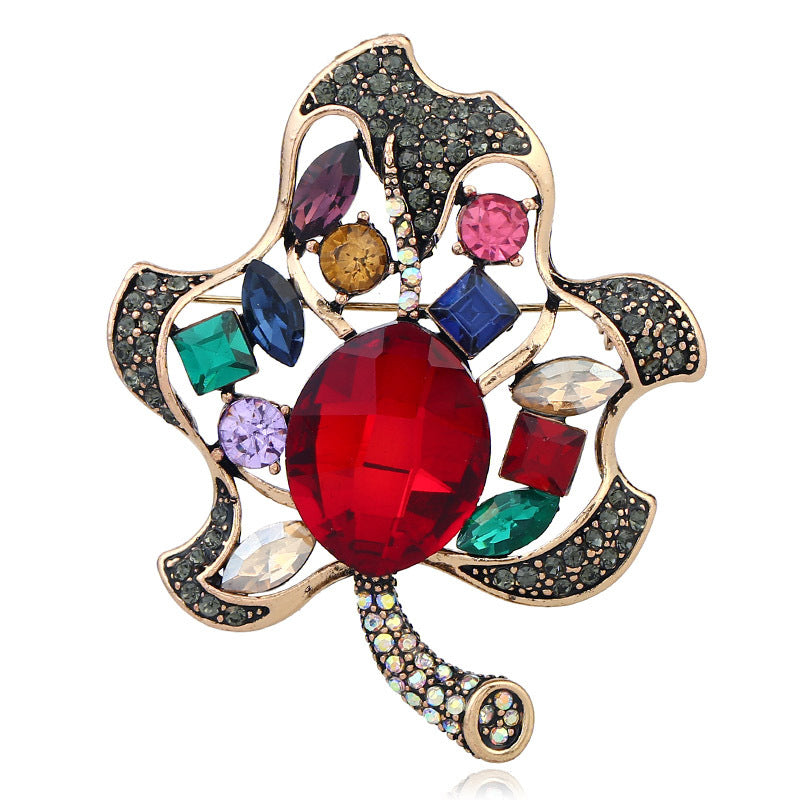 Bejeweled Rhinestone Lotus Leaf Brooch Pin