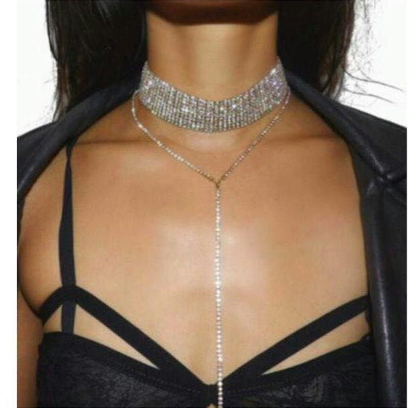 Woman's Rhinestone V-Tassel Choker Necklace