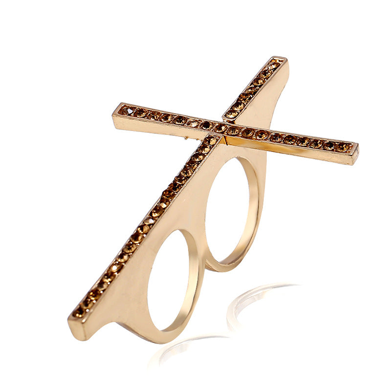 Gold Toned Holy Cross Double Finger Ring