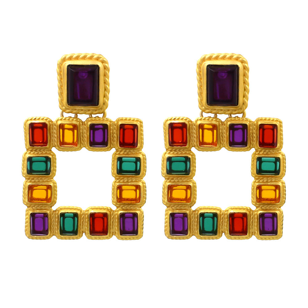 Multi-Color Cushioned Gem Tile Earrings