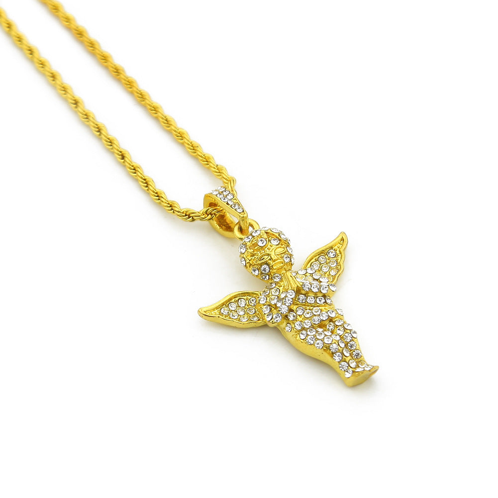 CZ Diamond Embellished Angel Pendant Hip Hop Necklace