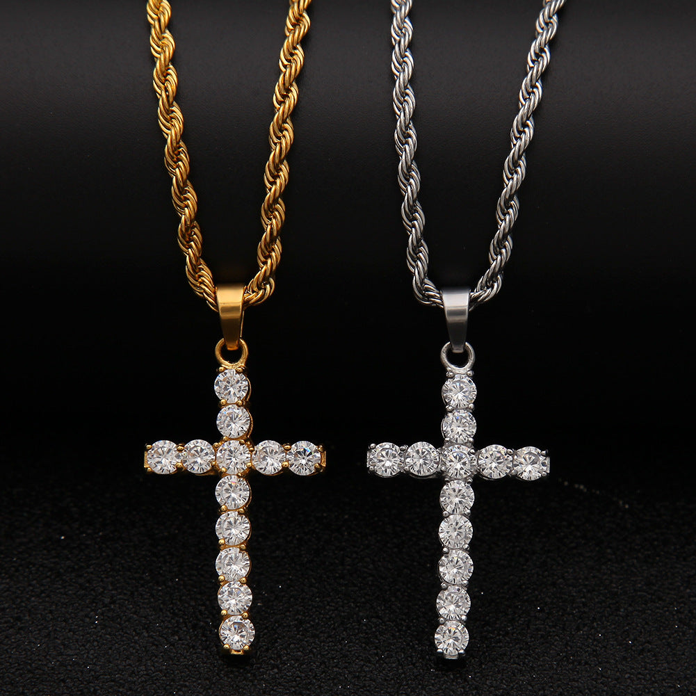 Embellished Stainless Steel Crucifix Pendant Necklace