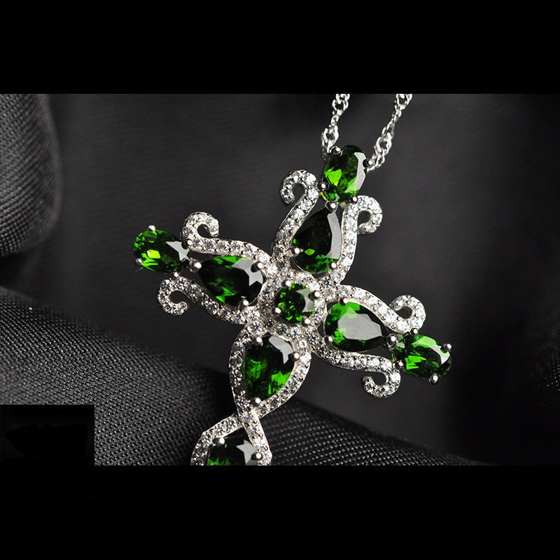 Radiant Peridot and Diamond Sterling Silver Cross Pendant