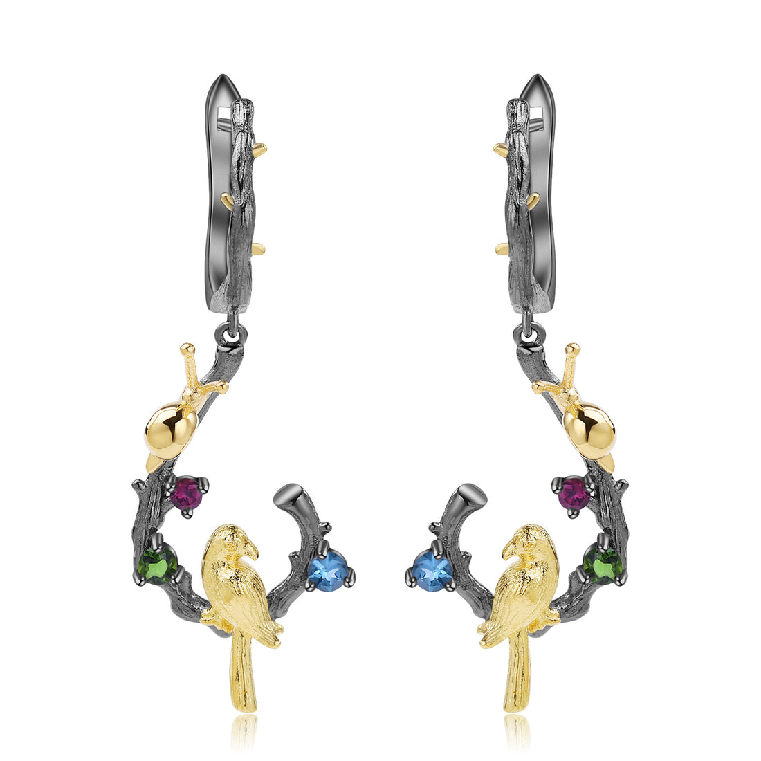 Enchanted Forest Multi-Gemstone Bird Hoop Earrings