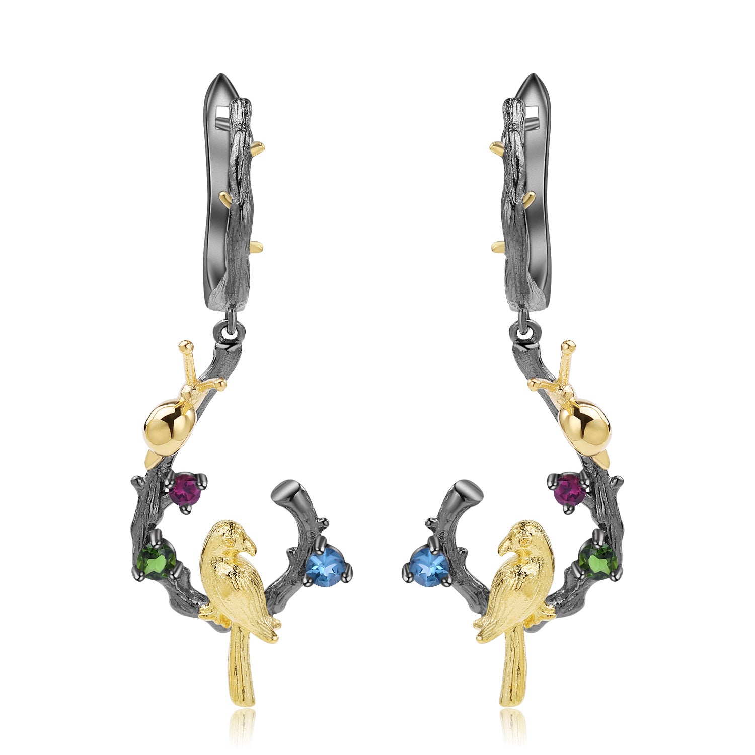 Enchanted Forest Multi-Gemstone Bird Hoop Earrings