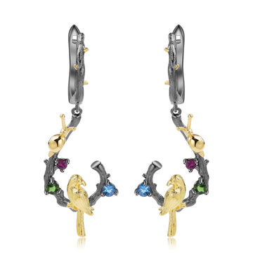 Enchanted Forest Multi-Gemstone Bird Hoop Earrings