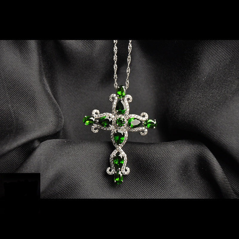 Radiant Peridot and Diamond Sterling Silver Cross Pendant