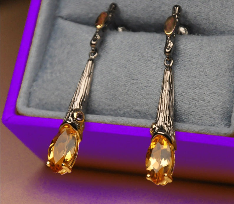 Antique-Inspired Citrine Drop Earrings with Textured Silver Detail