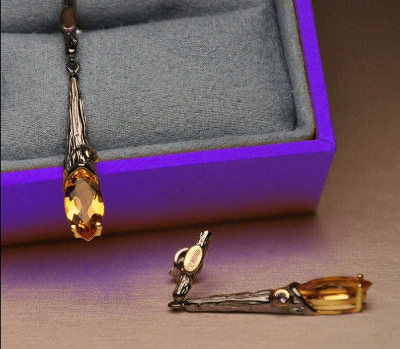 Antique-Inspired Citrine Drop Earrings with Textured Silver Detail