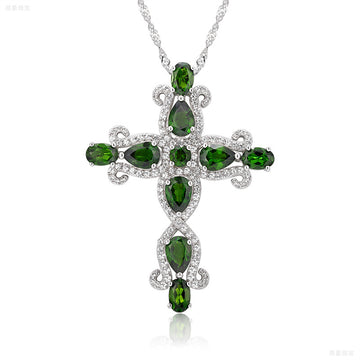 Radiant Peridot and Diamond Sterling Silver Cross Pendant